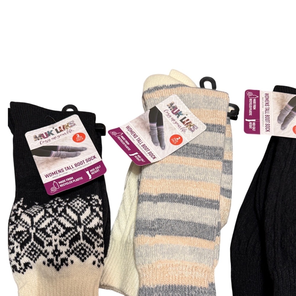 Muk Luks Womens Tall Boot Socks 2 PairPack Fair Isle Striped Black‎ Mid-Calf New